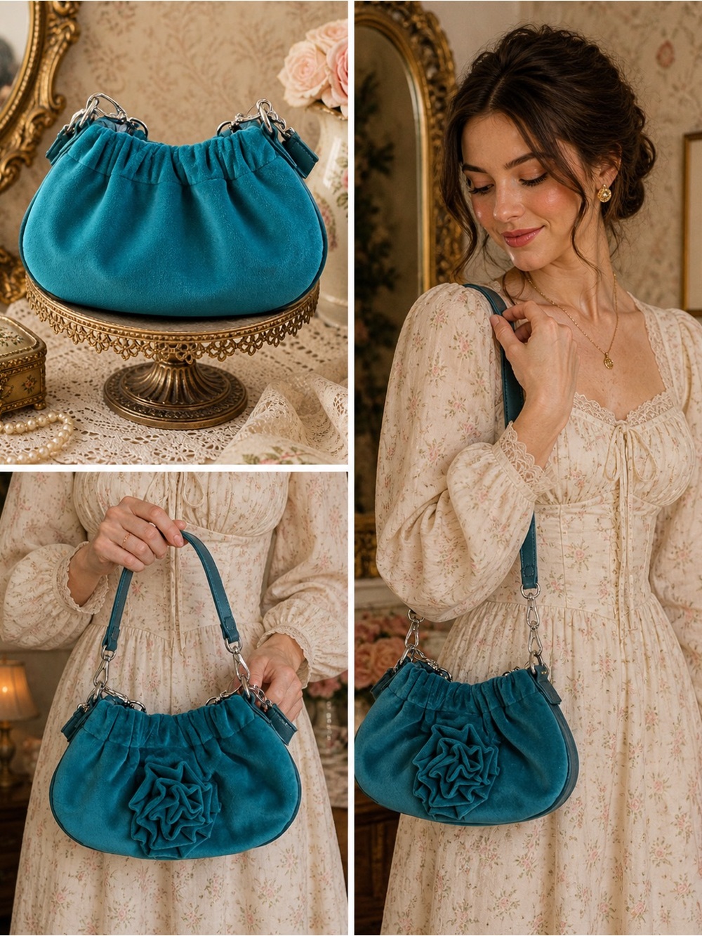 Betsy Johnson Teal Suede Flower Accent Shoulder Bag - Women's Handbag